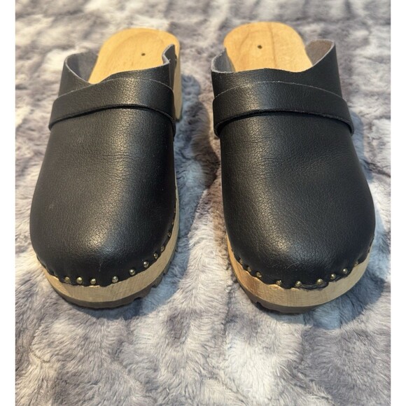Black  Swedish Design Clogs Vollsjo Suede Leather Wooden Size EU 39/US 8 - Picture 3 of 8